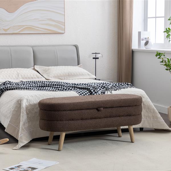 036-Boucle Fabric Storage Bench Bedroom Bench With Wood Legs For Living Room Bedroom Indoor,Brown