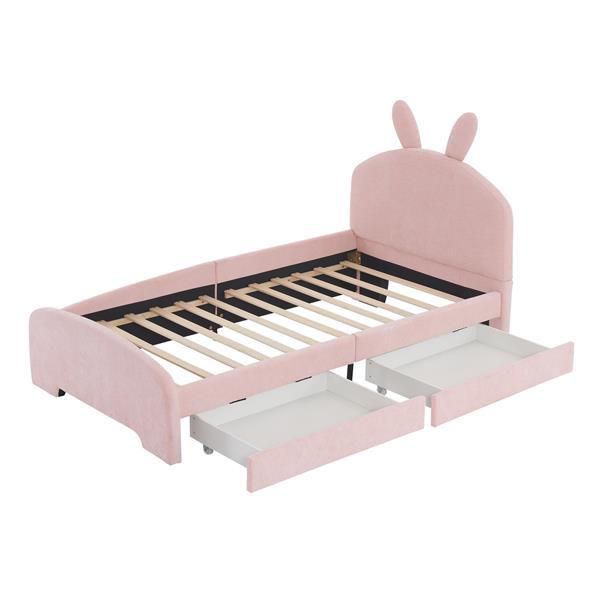 Twin Size Upholstered Platform Bed with Cartoon Ears Shaped Headboard and 2 Drawers, Pink