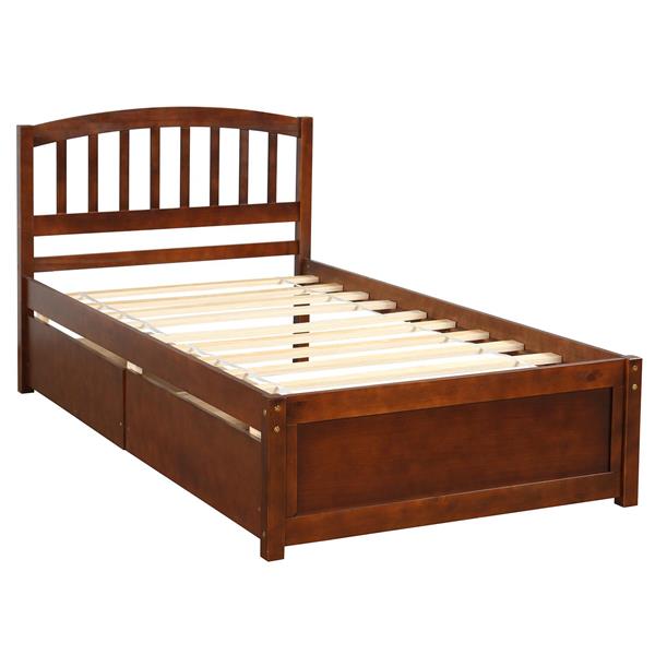 Twin Platform Storage Bed Wood Bed Frame with Two Drawers and Headboard, Walnut