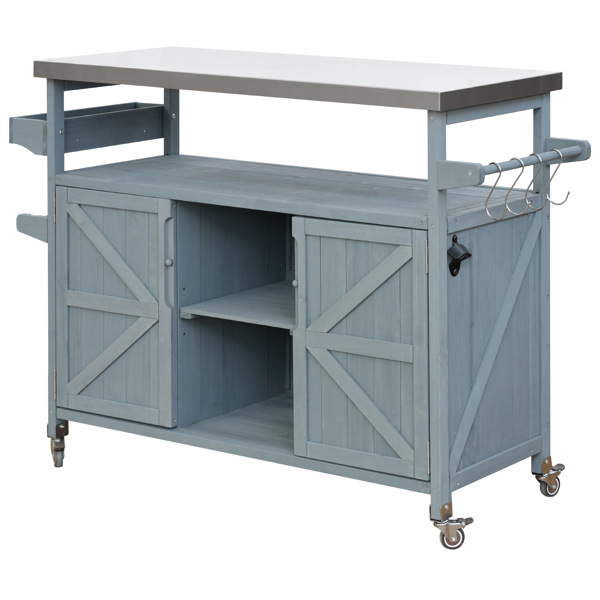 Outdoor Kitchen Island, Rolling Bar Cart & Storage Cabinet, Farmhouse Solid Wood Outdoor Grill Table with Stainless Steel Top, Spice Rack , Towel Rack for Kitchen & BBQ , Grey Blue