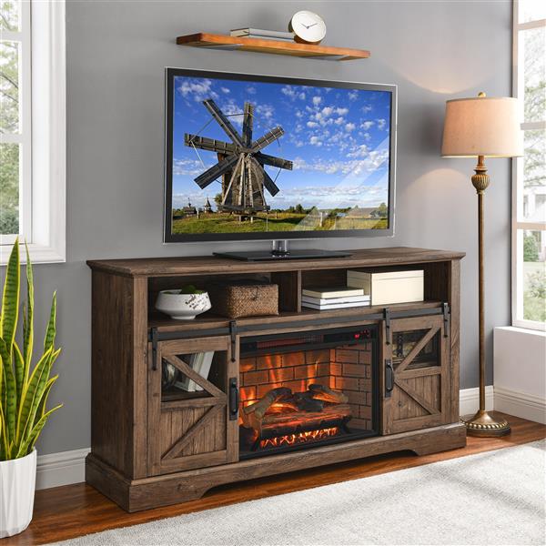 60 Inch Electric Fireplace  Entertainment Center With Door Sensor-Reclaimed Barnwood Color