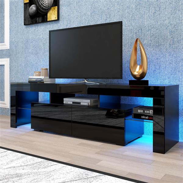 Modern Black TV Stand, 20 Colors LED TV Stand w/Remote Control Lights