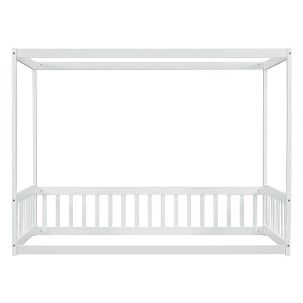 Twin Size Canopy Frame Floor Bed with Fence, Guardrails,White