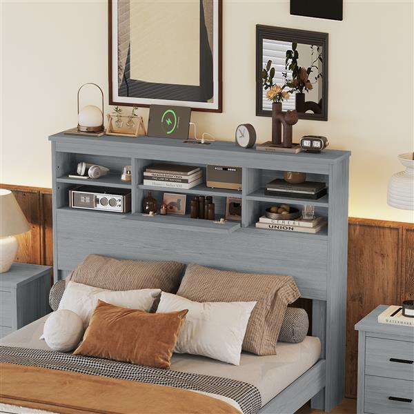 Queen Size Vintage Platform Bed,With Storage Headboard and Charging Station, Light Gray