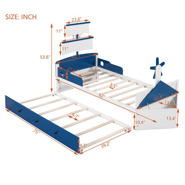 Twin Size Boat-Shaped Platform Bed with Twin size Trundle,Twin Bed with Storage for Bedroom,Blue