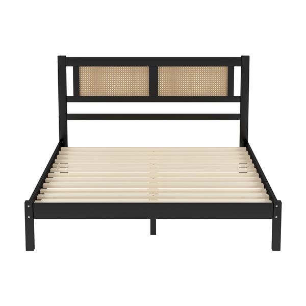 Queen Size Wooden Platform Bed with Natural Rattan Headboard, Exquisite Elegance with Minimalist Charm for Bedroom, Black