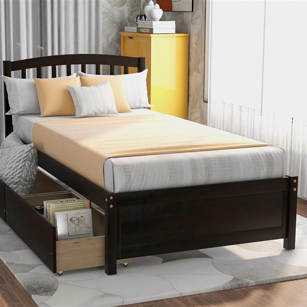 Twin Platform Storage Bed Wood Bed Frame with Two Drawers and Headboard, Espress