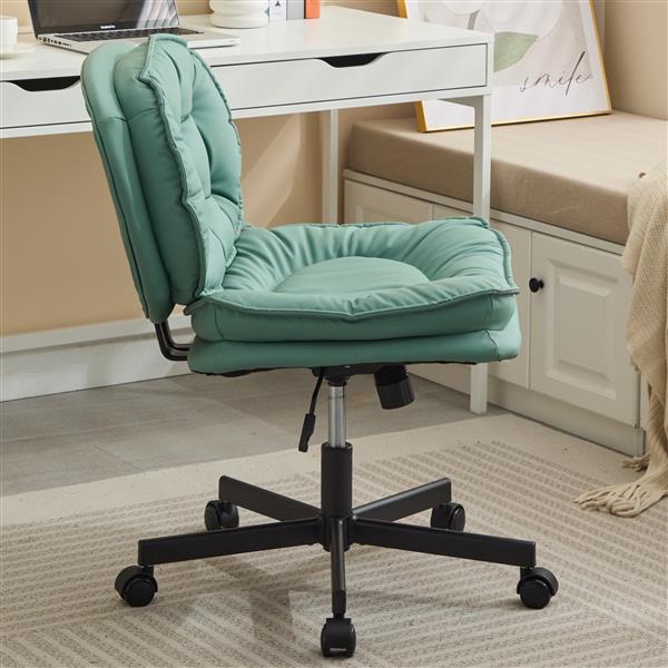 Armless-Office Desk Chair with Wheels: PU Leather Cross Legged Wide Chair,Comfortable Adjustable Swivel Computer Task Chairs for Home,Office,Make Up,Small Space,Bed Room