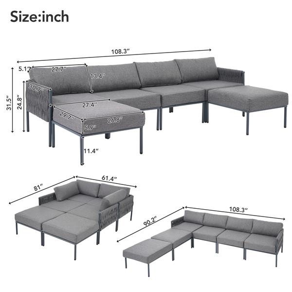 6-Pieces Aluminum Patio Furniture Set, Modern Metal Outdoor Conversation Set Sectional Sofa With Removable Olefin Extra Thick Cushions 5.9" Cushion, Grey