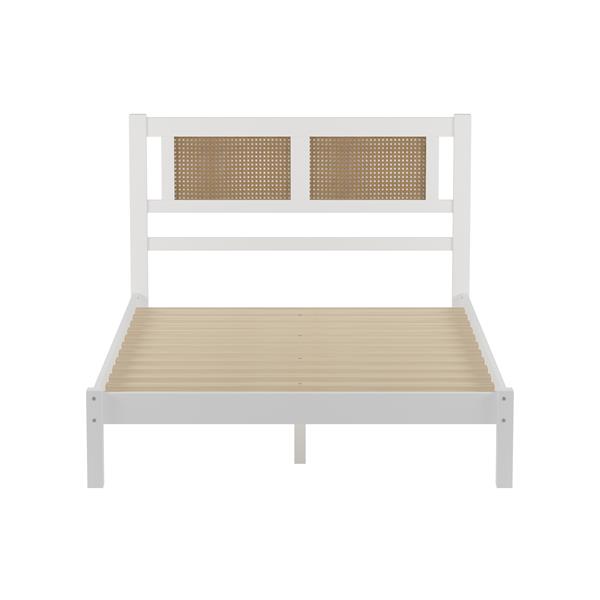 Full Size Wooden Platform Bed with Natural Rattan Headboard, Exquisite Elegance with Minimalist Charm for Bedroom, White