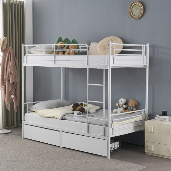 Twin Over Twin Bunk Bed with Two Storage Drawers & Full-Length Guard Rail, Heavy Duty Metal Bunk Bed for Kids Teens Adults, White