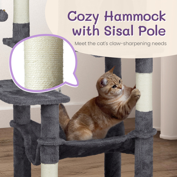 57 inch Cat Tree Cat Tower for Indoor Cats, Cat House with Padded Platform Bed, Toy Balls, Large Cozy Condo and Sisal Scratching Posts, Dark Grey