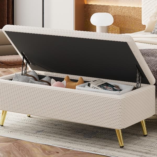 Modern Corduroy Upholstered Ottoman with Metal Legs, Storage Bench for Bedroom,Living Room,Beige