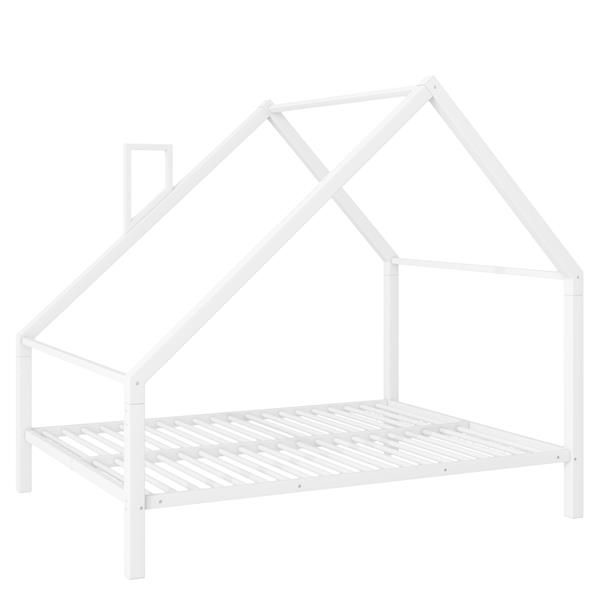 Full Size Metal House Platform Bed with Roof and Chimney, White