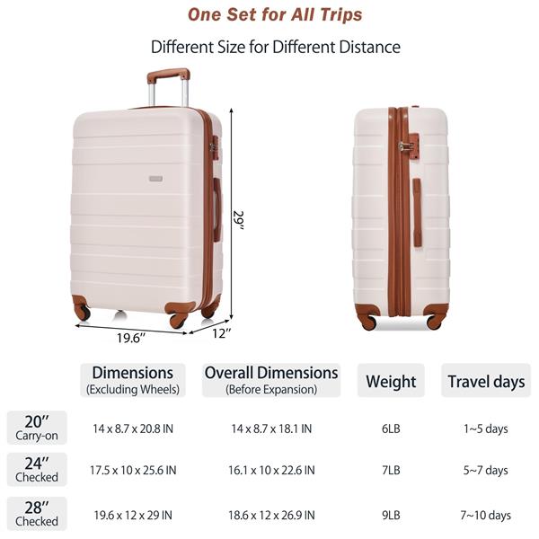 Luggage Sets New Model Expandable ABS Hardshell 3pcs Clearance Luggage Hardside Lightweight Durable Suitcase sets Spinner Wheels Suitcase with TSA Lock 20''24''28''( pink and brown)