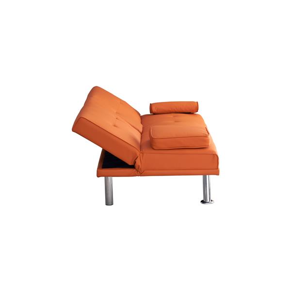 67" Orange Leather Multifunctional Double Folding Sofa Bed for Office with Coffee Table