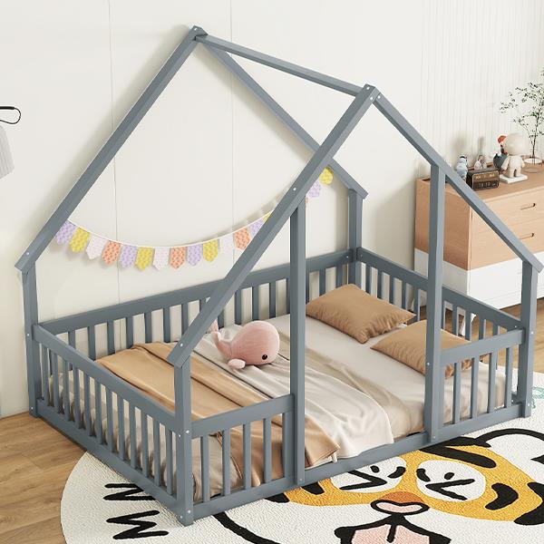 Full Wood House-Shaped Floor Bed with Fence, Guardrails,Grey