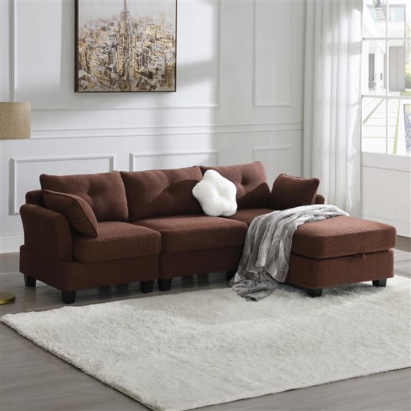 [VIDEO provided] [New] 92*63"Modern Teddy Velvet Sectional Sofa,Charging Ports on Each Side,L-shaped Couch with Storage Ottoman,4 seat Interior Furniture for Living Room, Apartment,3 Colors(3 pillows)