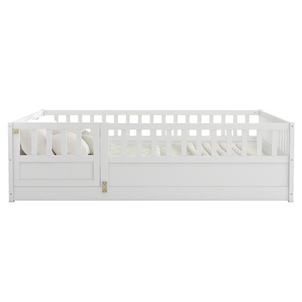 Full size  Floor bed, integral construction with super high security barrier, door, children's floor bed frame, Montessori wooden children's floor bed, white