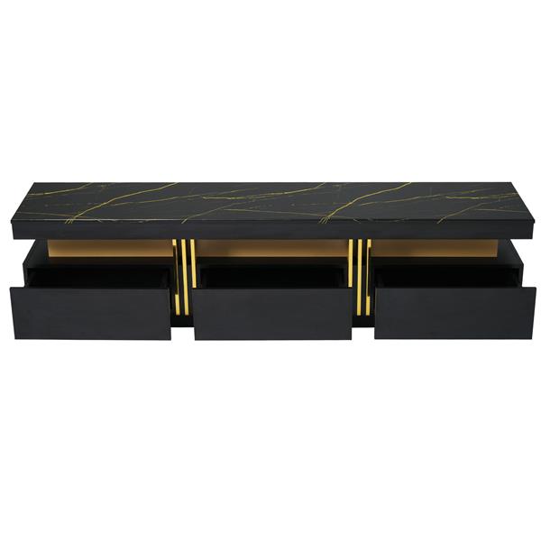 Luxury TV Stand with High Gloss Faux Marble Top for TVs Up to 78'', Rectangle Media Console with Golden Panel Design, Practical Entertainment Center with 3 Drawers for Living Room, Black