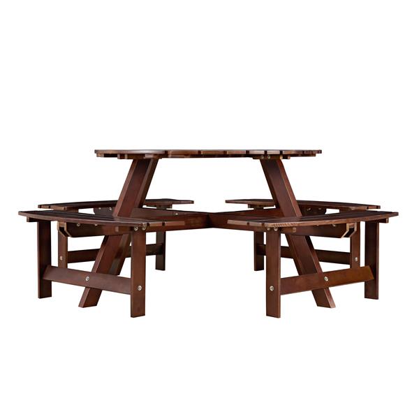 Outdoor 8 Person Picnic Table, 8 person Round Picnic Table with 4 Built-in Benches, Umbrella Hole, Outside Table and Bench Set for Garden, Backyard, Porch, Patio,  Brown