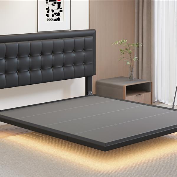 Queen Size Floating Bed Frame with Motion Activated Night Lights,Modern PU Upholstered Button Tufted Platform Bed Frame,Black