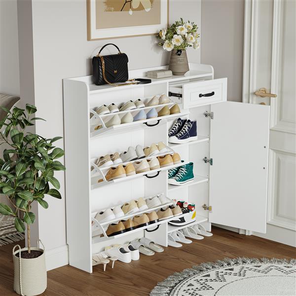 White color shoe cabinet  with 4 doors 1 drawers,PVC door with shape ,large space for storage