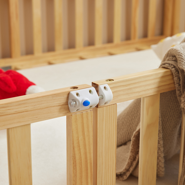 Fence bed with door and decking, natural wood color, painted surface, pine wood, full children's bed