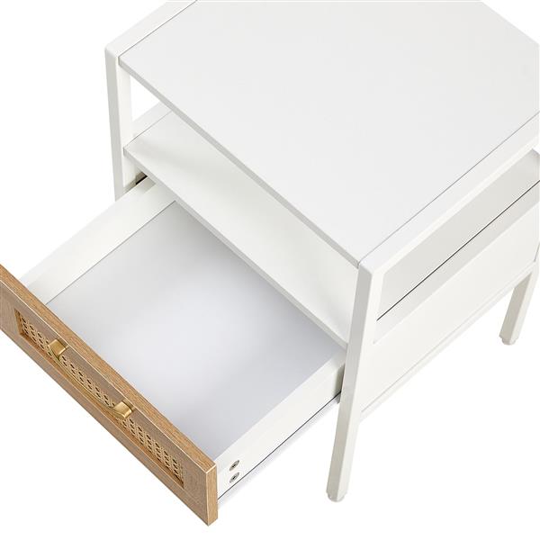 Set of 2, 15.75" Rattan End table with  drawer, Modern nightstand, metal legs,side table for living room, bedroom,white