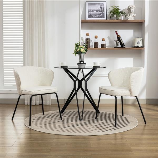 042-Set of 2 Boucle Fabric Dining Chairs With Black Metal Legs,Ivory