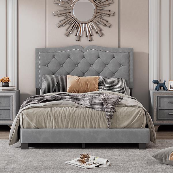 Full Size Upholstered Bed Frame with Rivet Design, Modern Velvet Platform Bed with Tufted Headboard,Gray