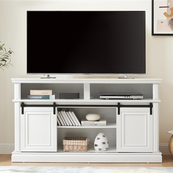 Media Console Table with Storage Cabinet, Mid Century style Entertainment TV Table, Multipurpose Sliding Door TV Cabinet  Large Storage Space, 58.11"W*15.79"D*32.36"H Antique White