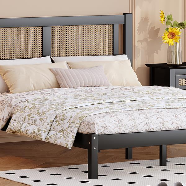 Full Size Wooden Platform Bed with Natural Rattan Headboard, Exquisite Elegance with Minimalist Charm for Bedroom, Black