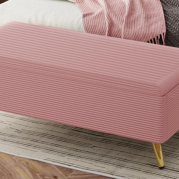 Modern Corduroy Upholstered Ottoman with Metal Legs, Storage Bench for Bedroom,Living Room,Pink