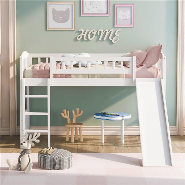 Twin size Loft Bed with Slide and Ladder, White