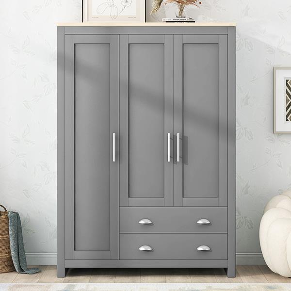 Three Door Storage Wardrobe with Cabinets and Two Hanging Rods,Gray