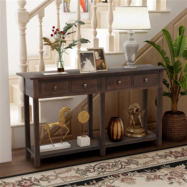 Rustic Brushed Texture Entryway Table Console Table with Drawer and Bottom Shelf for Living Room (Espresso)