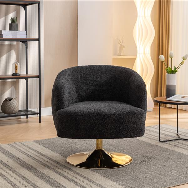 048-Chenille Fabric Swivel Chair With Gold Metal Round Base,Black