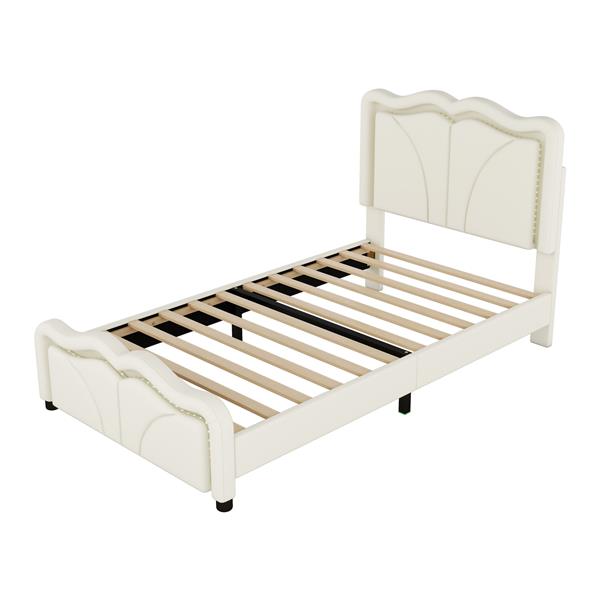 Twin Size Upholstered Platform Bed with Curve Shaped and Height-adjustbale Headboard,LED Light Strips,White