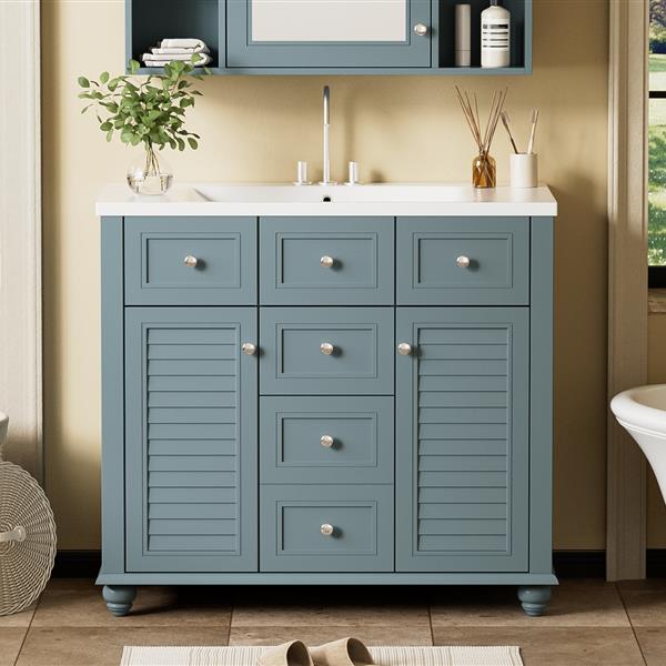 36" Bathroom Vanity Cabinet with Sink Combo Set, Undermount Resin Sink, Free Standing Vanity Set with 2 Drawers& Soft Closing Doors, Solid Wood Frame Bathroom Cabinet, Blue