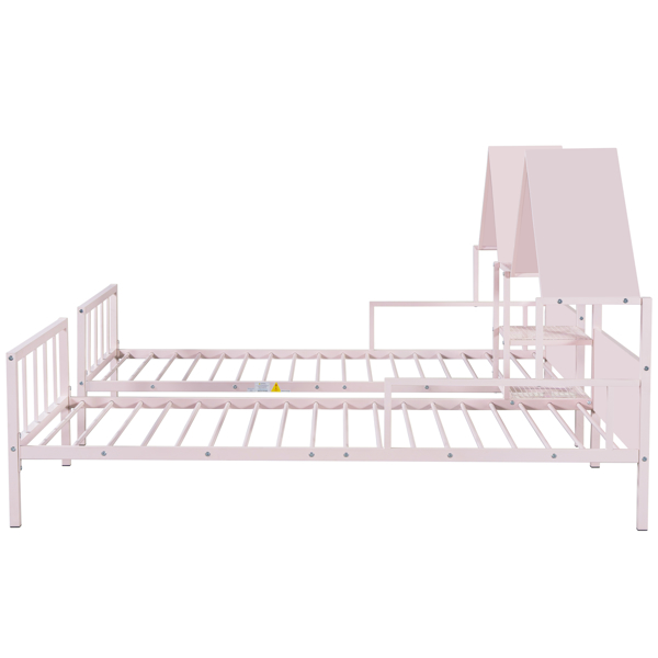 Metal Double Twin Size Platform Bed with House-shaped Headboard and a Built-in Nightstand, Pink