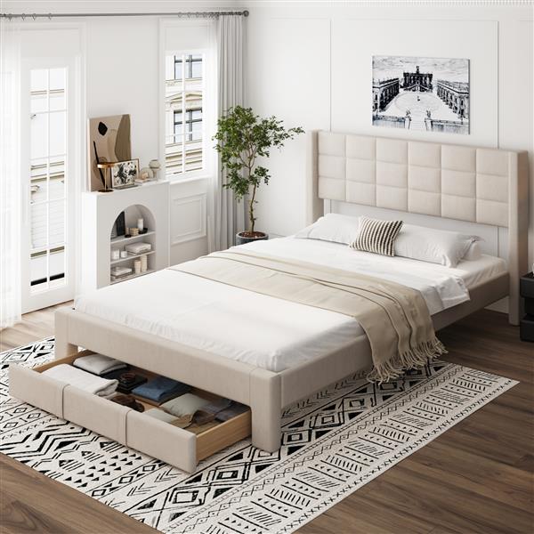 Queen Size Upholstered Platform Bed with A Big Drawer, Beige