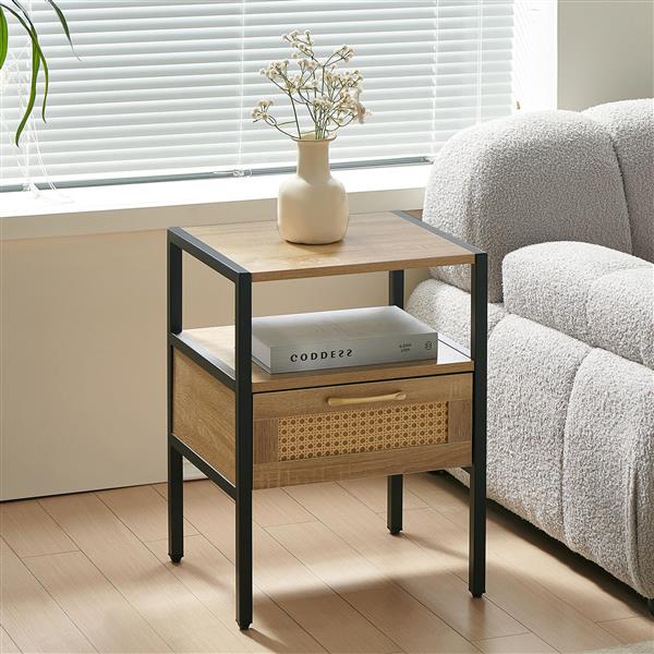 15.75" Rattan End table with  drawer, Modern nightstand, metal legs,side table for living room, bedroom,natural(1 pc)