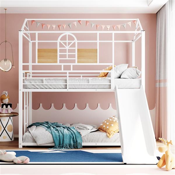 Twin Over Twin Metal Bunk Bed ,Metal Housebed With Slide,Three Colors Available.(White with White  Slide)