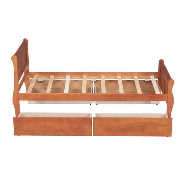 Twin Size Wood Platform Bed with 4 Drawers and Streamlined Headboard & Footboard, Oak