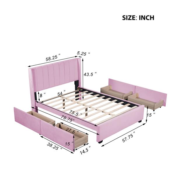 Full Size Upholstered Bed with 4 Drawers, Pink