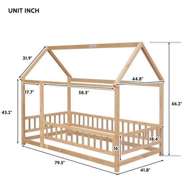 Twin Size Floor Wooden Bed with House Roof Frame, Fence Guardrails,Natural