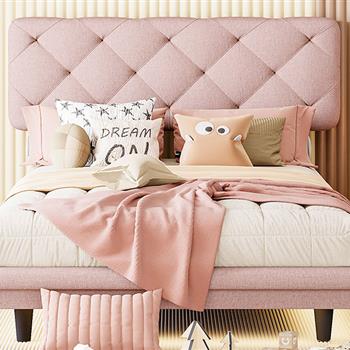 Twin Size Upholstered Bed with Light Stripe, Floating Platform Bed, Linen Fabric,Pink