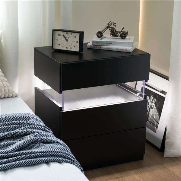 LED Nightstands 3 Drawer Dresser for Bedroom End Table with Acrylic Board LED Bedside Tables for Bedroom Living Room Bedside Furniture (Black)