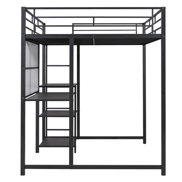 Full Size Loft Bed with Desk and Whiteboard, Metal Loft Bed with 3 Shelves and Ladder, Black